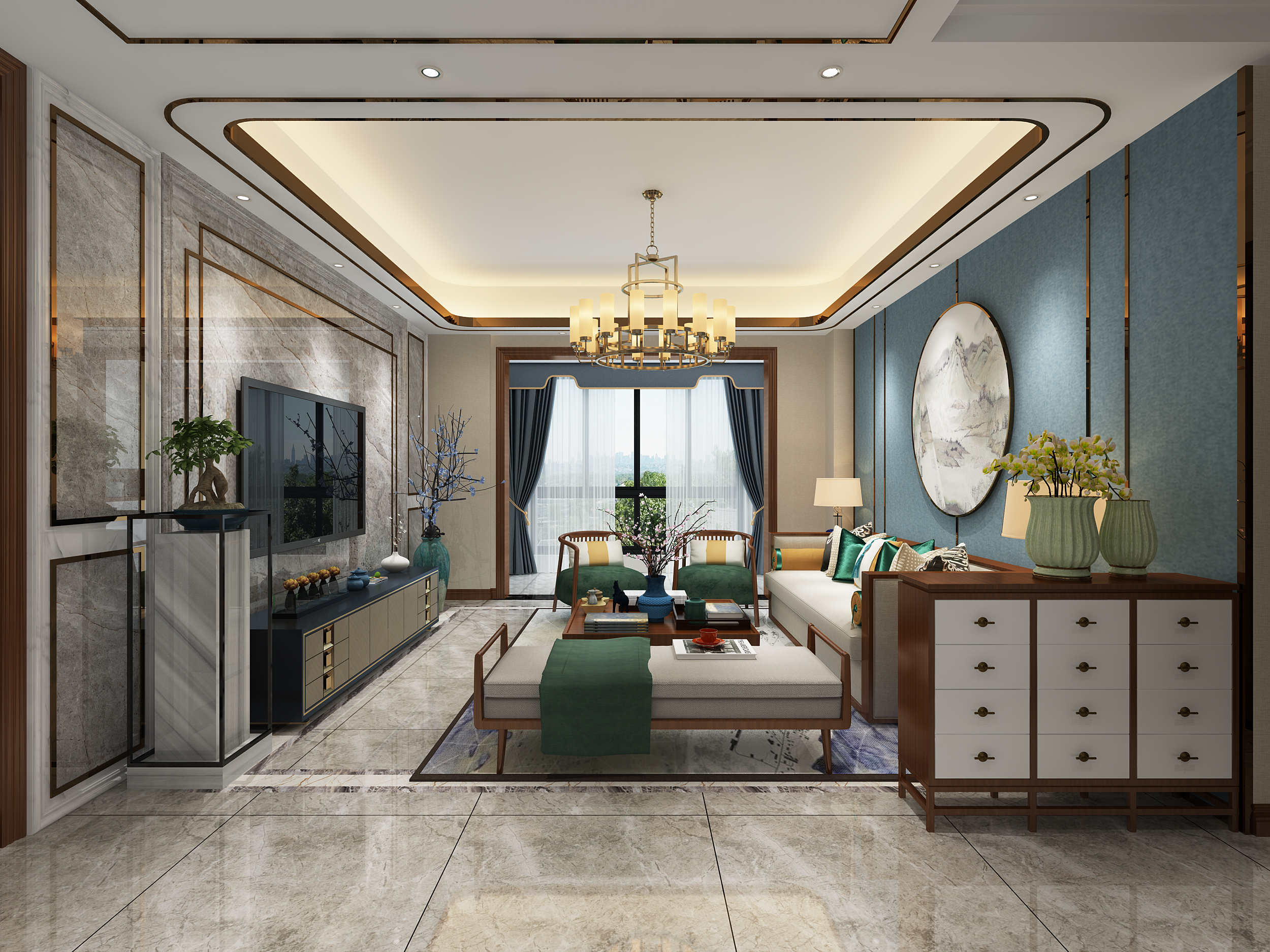 新中式风格平层装修设计效果图 家装案例